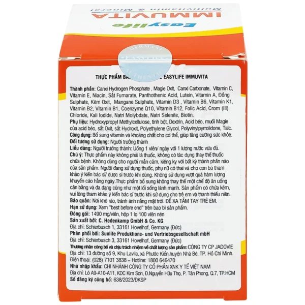 Viên uống Immuvita Easylife bổ sung vitamin và khoáng chất cho cơ thể, tăng sức khỏe (100 viên)